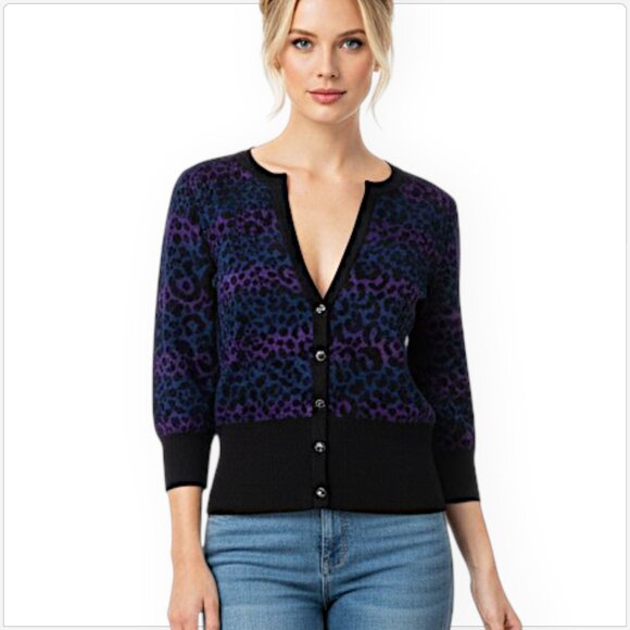 St. John Black Purple Blue Animal Leopard Print Button Front Cardigan Sweater P - Picture 1 of 4